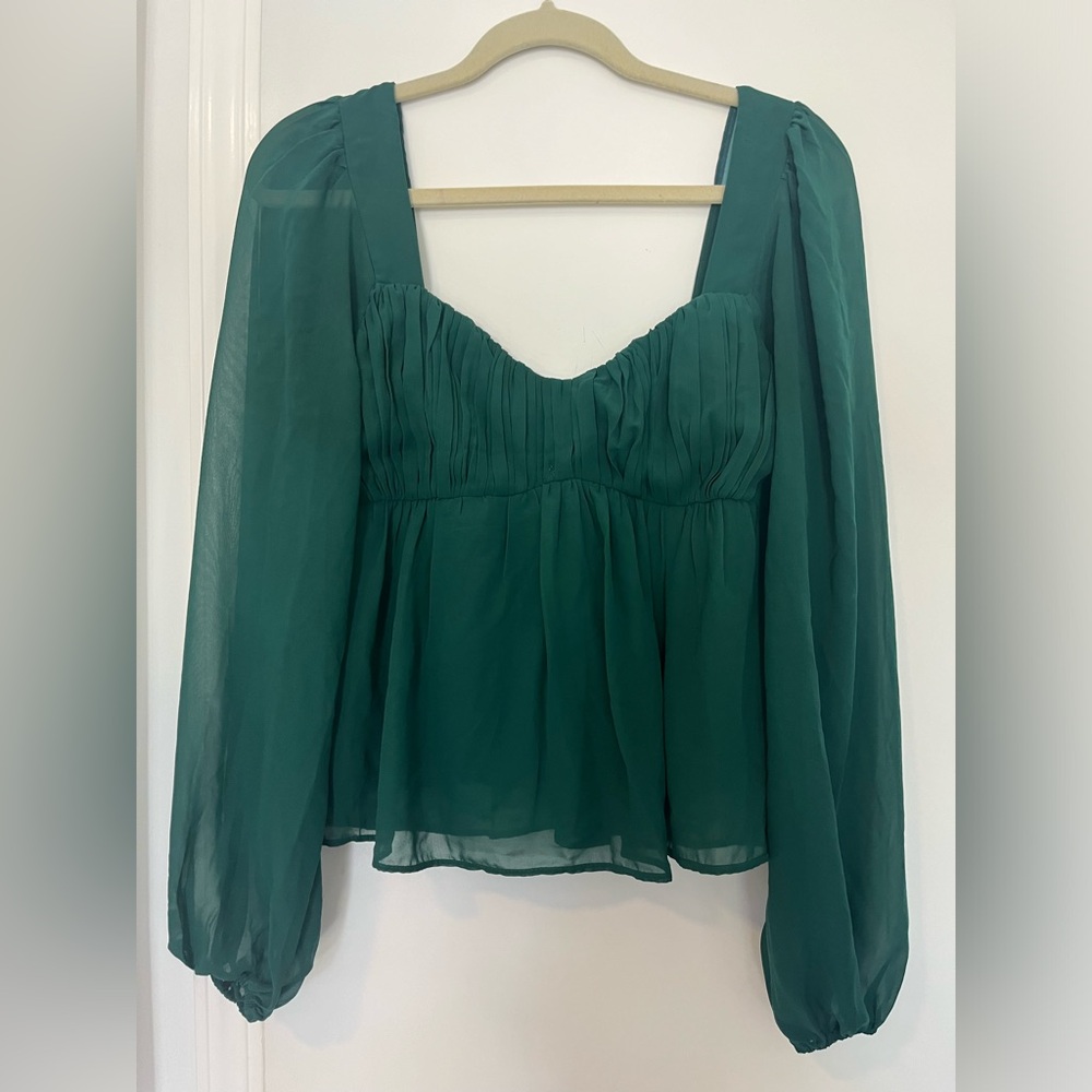 Abercrombie Long-Sleeve Sheer Puff Sleeve Top Green M